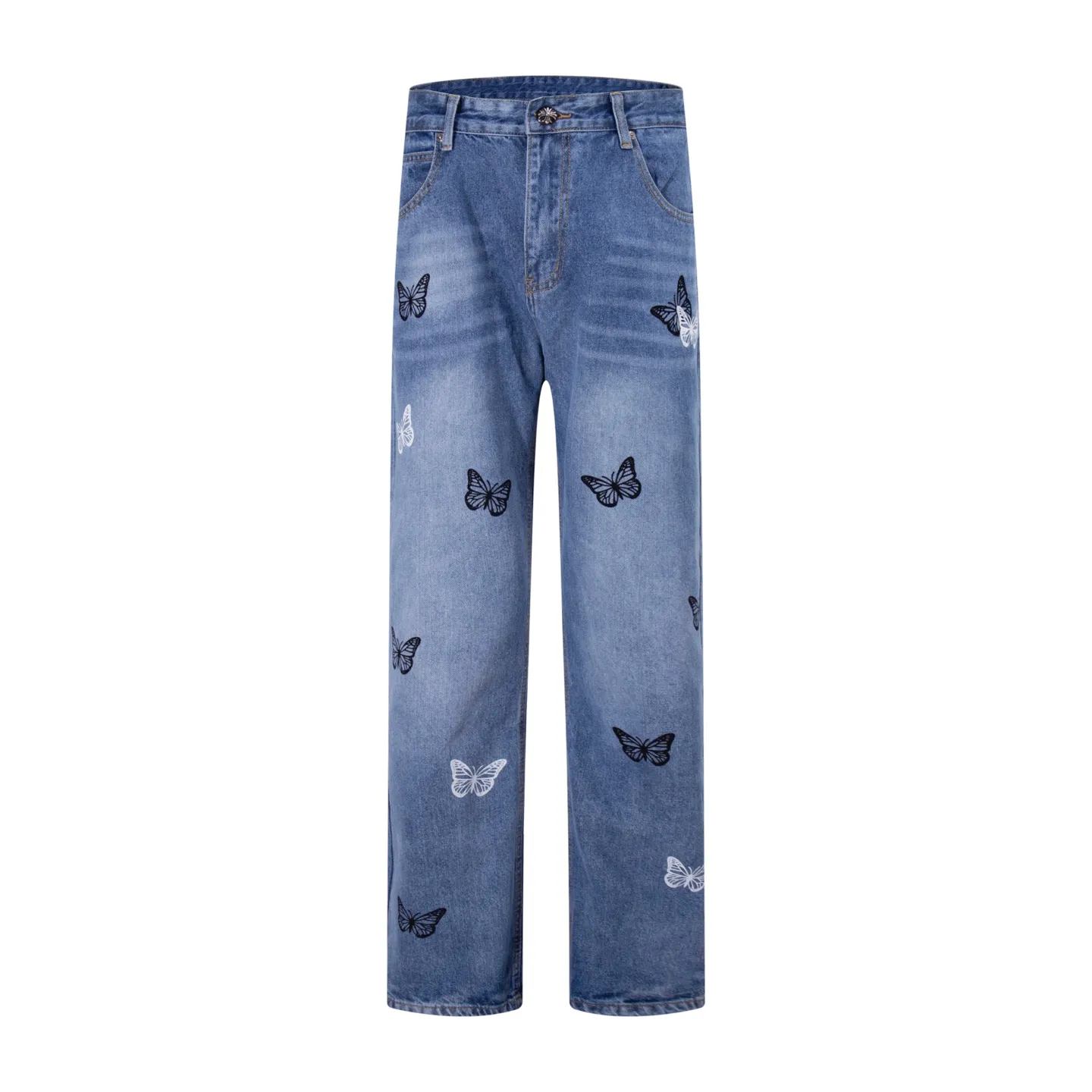 P240 Style number: H95 Croxin & 𝐂𝐡𝐫𝐨𝐦𝐞 𝐇𝐞𝐚𝐫𝐭 ss25 blue butterfly print jeans. Styles with different washed textures are very friendly to people with thin legs and thick legs. The slightly flared version perfectly modifies the leg shape. The timeless and moderate length makes it easy to match and match. It is the basis for various styles and is a must-have in your wardrobe! The fabric is stiff but also makes the upper body soft without losing texture. The washing process is even more perfect. It is a must-have item for everyone! ! ! Washed wheat, hang tag, pants label, three labels complete Color: blue Size: 28-30-32-34